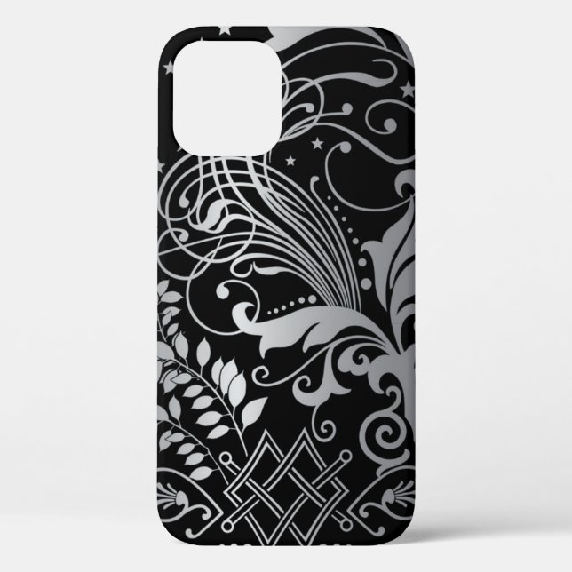 Gray Swirling Damask Pattern on Black Case-Mate iPhone Case (Back)