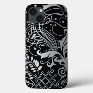 Gray Swirling Damask Pattern on Black iPhone 13 Case