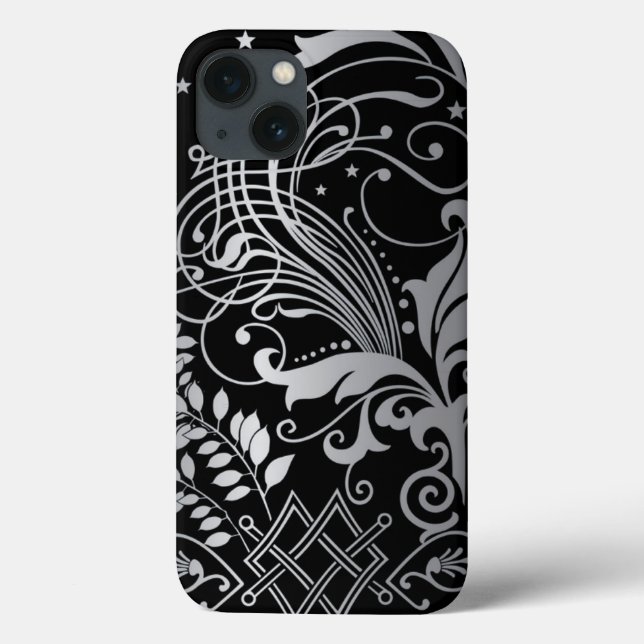 Gray Swirling Damask Pattern on Black Case-Mate iPhone Case (Back)