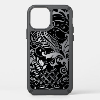Gray Swirling Damask Pattern on Black Speck iPhone 12 Case