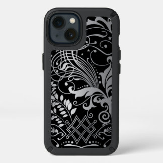 Gray Swirling Damask Pattern on Black Speck iPhone 13 Case