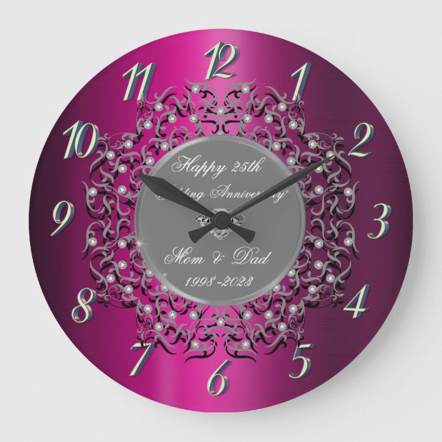 Gray Swirls Purple Metallic 25 Wedding  Large Clock (Front)