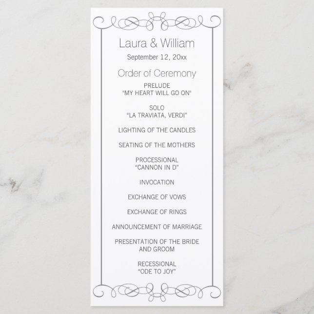 Gray Swirls Wedding Program Rack Cards (Front)