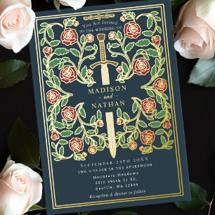 Gray Sword Floral Medieval Fantasy Wedding  Foil Invitation