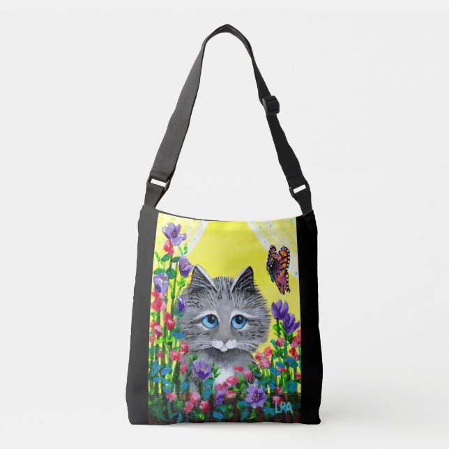 Gray Tabby Butterflies Flowers Crossbody Bag (Front)