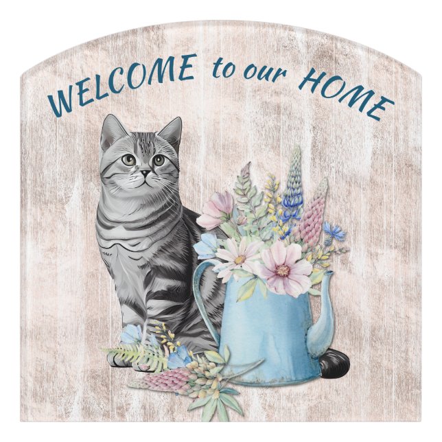Gray Tabby Cat and Flower Pot Welcome Door Sign (Contour Front)
