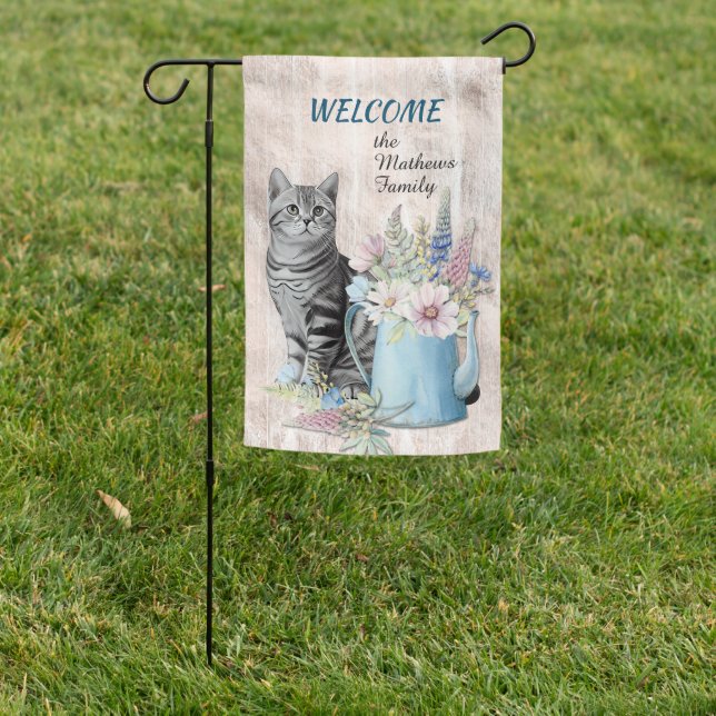 Gray Tabby Cat and Flower Pot Welcome Garden Flag (In SItu)