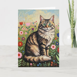 Gray Tabby Cat and Folk Art Flowers Birthday Card