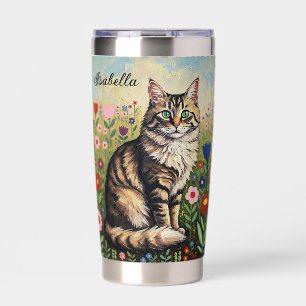 Gray Tabby Cat and Folk Art Flowers Insulated Tumbler