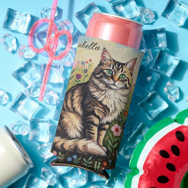 Gray Tabby Cat and Folk Art Flowers  Seltzer Can Cooler (In Situ Summer)