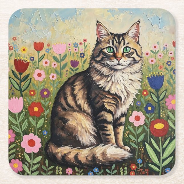 Gray Tabby Cat and Folk Art Flowers  Square Paper Coaster (Front)