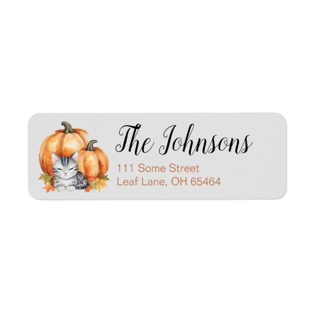 Gray Tabby Cat and Pumpkin Fall Address Label (Front)