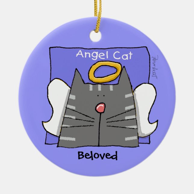 Gray Tabby Cat Angel Personalize Ceramic Ornament (Front)