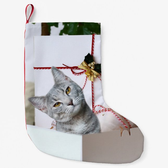 Gray Tabby Cat Christmas Small Christmas Stocking (Front)