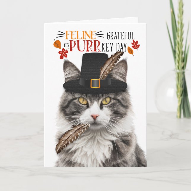 Gray Tabby Cat Feline Grateful for PURRkey Day Holiday Card (Front)