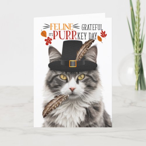 Gray Tabby Cat Feline Grateful for PURRkey Day Holiday Card