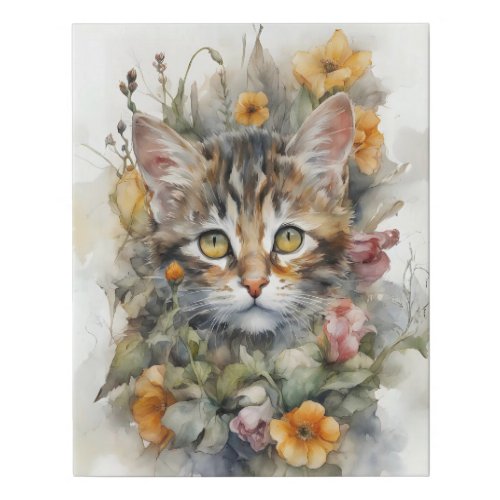 Gray Tabby Cat Flowers Faux Wrapped Canvas Print