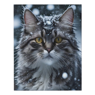 Gray Tabby Cat in Snow Faux Wrapped Canvas Print