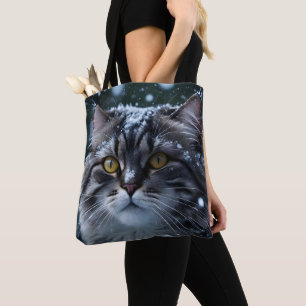 Gray Tabby Cat in Snow Winter Cat Lover Gift Tote Bag