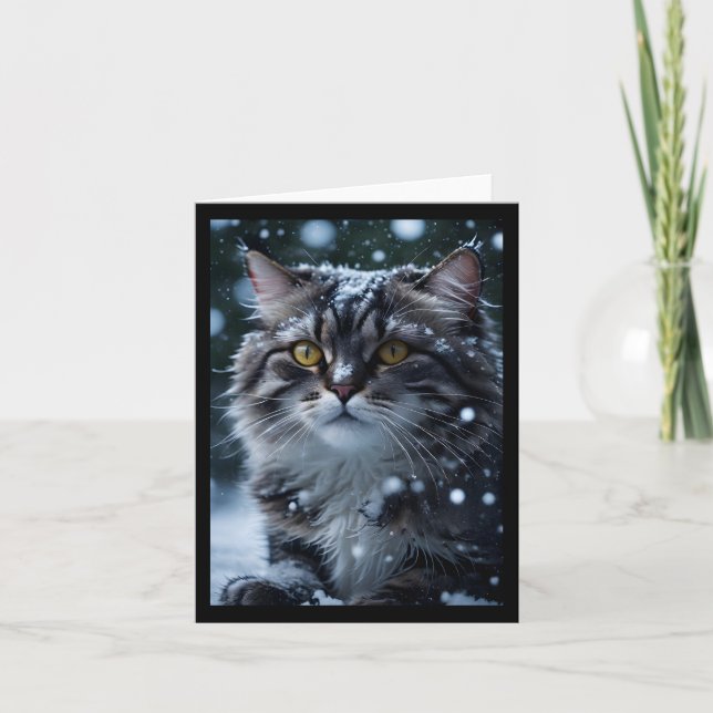 Gray Tabby Cat in Snowstorm Blank Greeting  Card (Front)