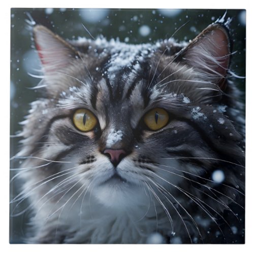 Gray Tabby Cat in Snowstorm  Ceramic Tile