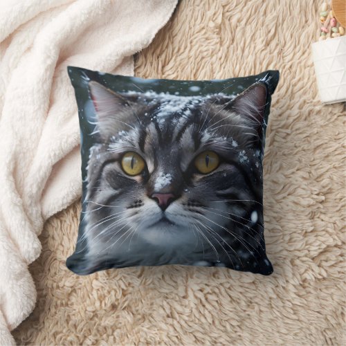 Gray Tabby Cat in Snowstorm  Throw Pillow