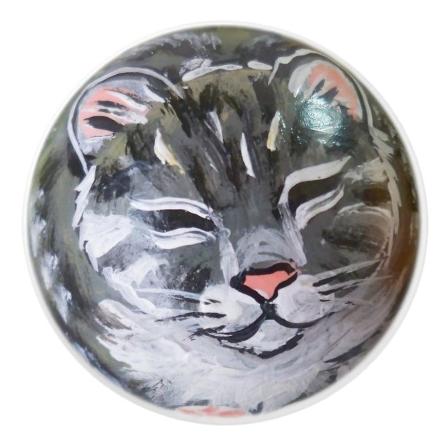 Gray Tabby Cat Kitten Drawer Cabinet Door Knob Pul (Front)