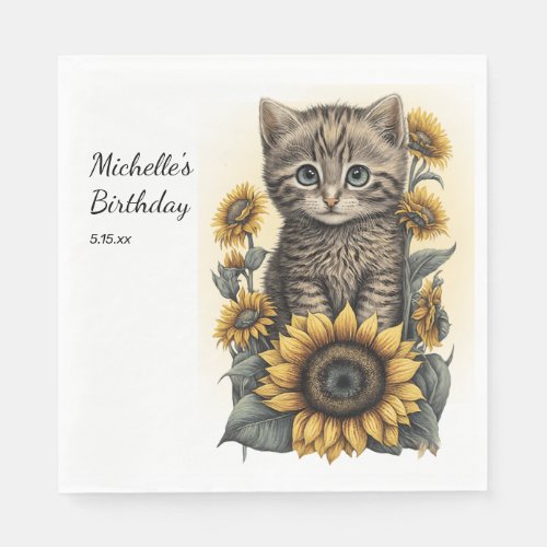 Gray Tabby Cat Kitten Sunflowers Birthday  Napkins