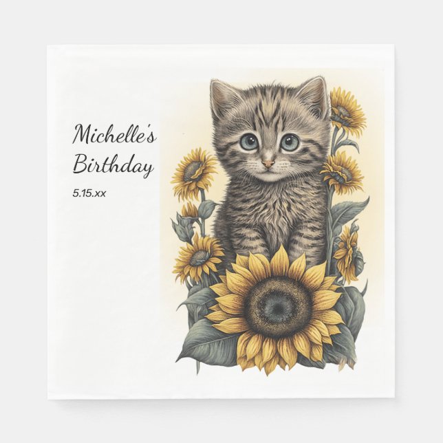 Gray Tabby Cat Kitten Sunflowers Birthday  Napkins (Front)