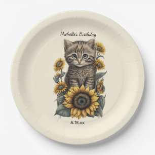 Gray Tabby Cat Kitten Sunflowers Birthday  Paper Plates