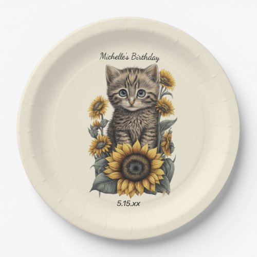 Gray Tabby Cat Kitten Sunflowers Birthday  Paper Plates