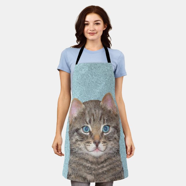 Gray Tabby Cat Painting - Cute Original Cat Art Apron (Worn)