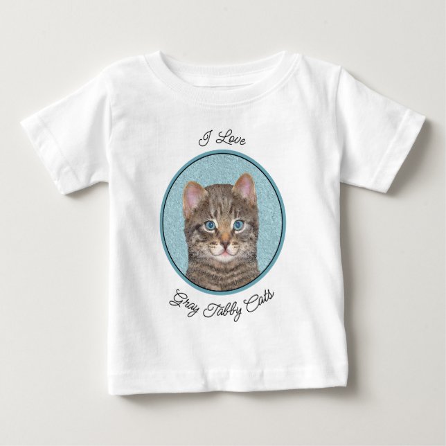 Gray Tabby Cat Painting - Cute Original Cat Art Baby T-Shirt (Front)