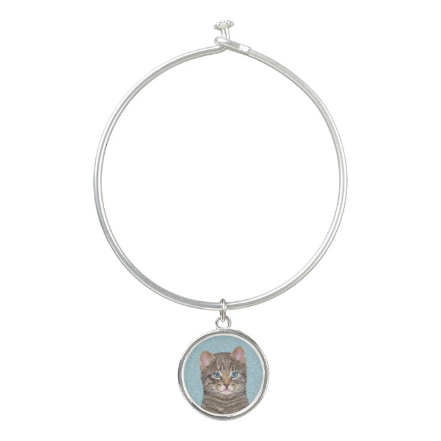 Gray Tabby Cat Painting - Cute Original Cat Art Bangle Bracelet (Front)