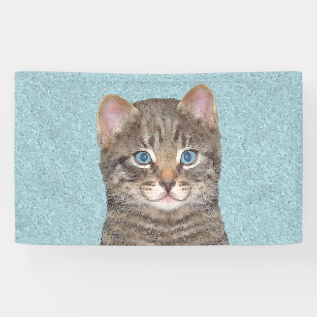 Gray Tabby Cat Painting - Cute Original Cat Art Banner (Horizontal)
