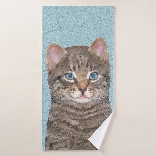 Gray Tabby Cat Painting - Cute Original Cat Art Bath Towel Set (Bath Towel)