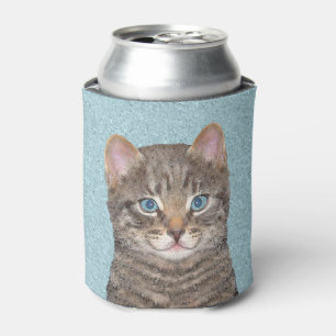 Gray Tabby Cat Painting - Cute Original Cat Art Can Cooler
