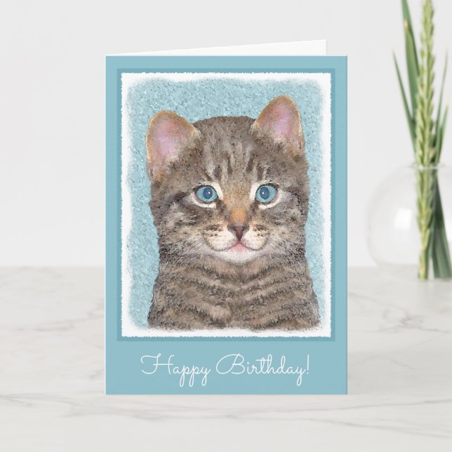 Gray Tabby Cat Painting - Cute Original Cat Art Card (Front)