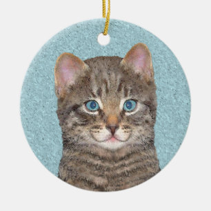Gray Tabby Cat Painting - Cute Original Cat Art Ceramic Ornament
