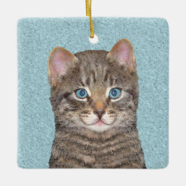 Gray Tabby Cat Painting - Cute Original Cat Art Ceramic Ornament