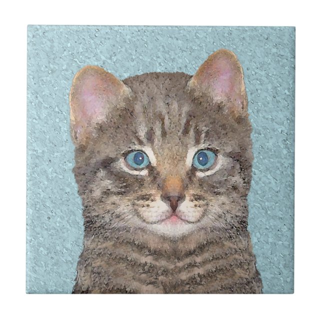 Gray Tabby Cat Painting - Cute Original Cat Art Ceramic Tile (Front)