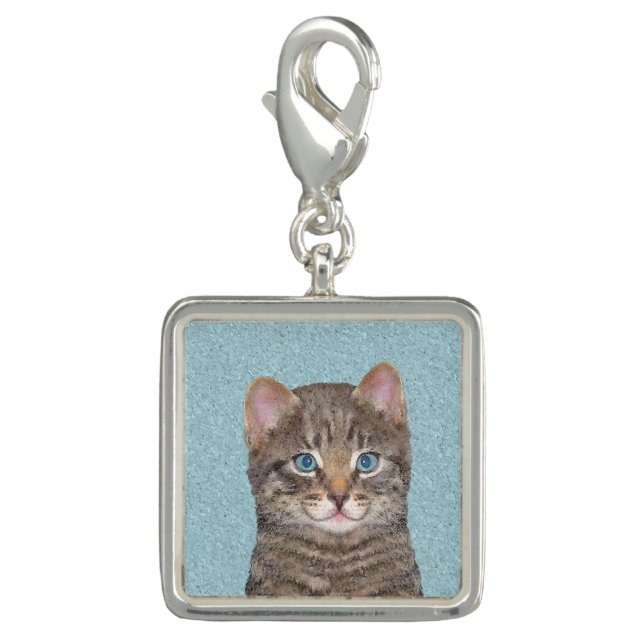 Gray Tabby Cat Painting - Cute Original Cat Art Charm (Front)