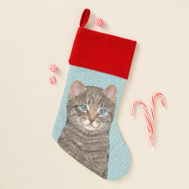 Gray Tabby Cat Painting - Cute Original Cat Art Christmas Stocking | Zazzle