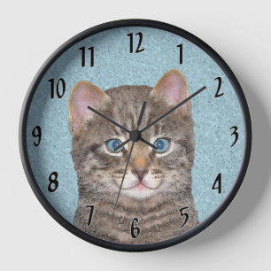 Gray Tabby Cat Painting - Cute Original Cat Art Clock