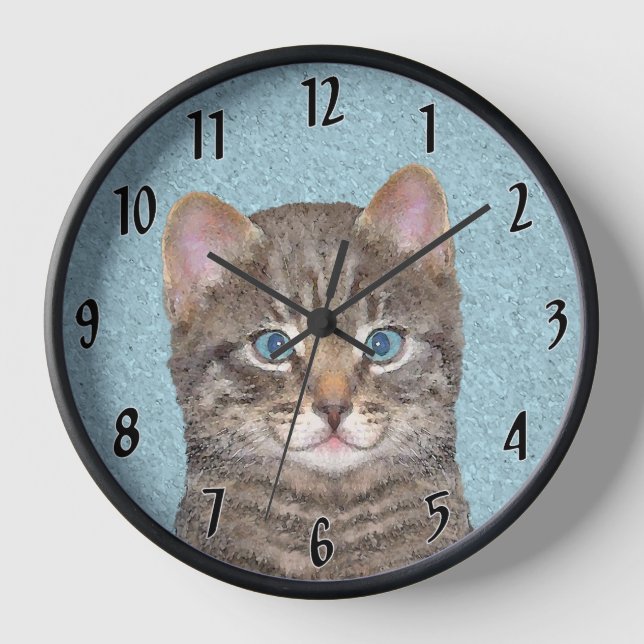 Gray Tabby Cat Painting - Cute Original Cat Art Clock (Front)