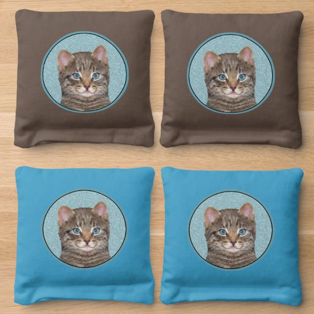 Gray Tabby Cat Painting - Cute Original Cat Art Cornhole Bags (Wood)