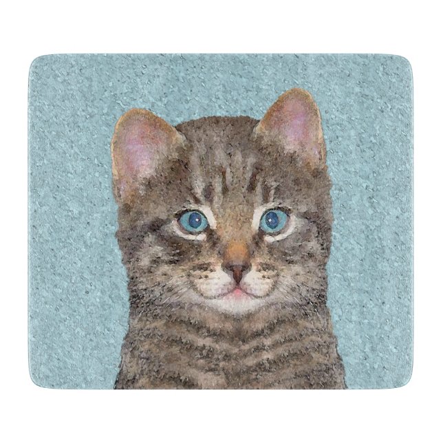 Gray Tabby Cat Painting - Cute Original Cat Art Cutting Board (Front)
