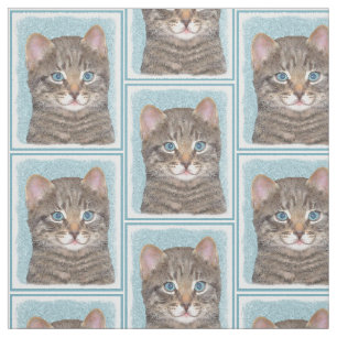 Gray Tabby Cat Painting - Cute Original Cat Art Fabric