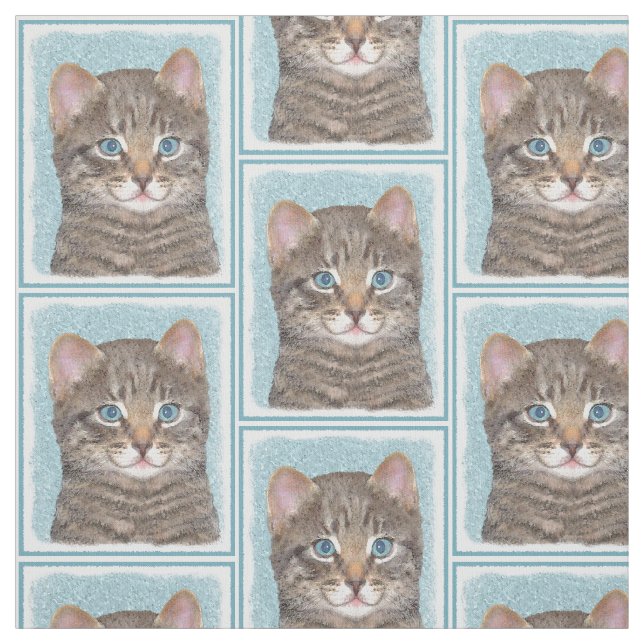 Gray Tabby Cat Painting - Cute Original Cat Art Fabric (Swatch)