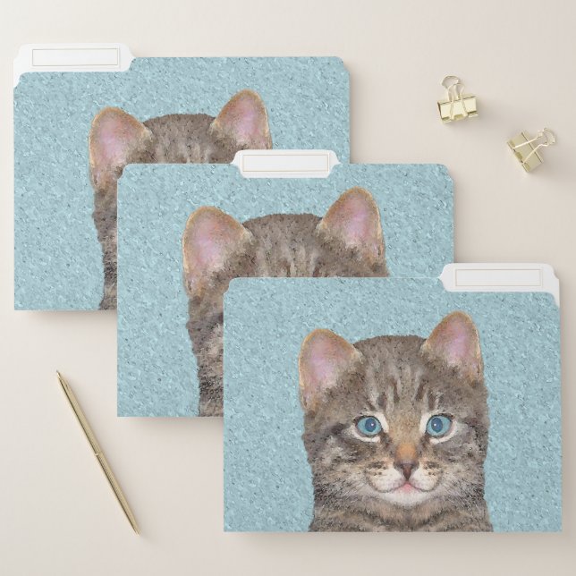 Gray Tabby Cat Painting - Cute Original Cat Art File Folder (Set)